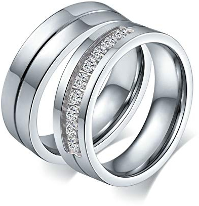 Bishilin Verlobungsringe Paar Ringe Set, Paar Ringe Edelstahl 6MM Hochglanzpoliert mit Zirkonia Partner Ringe Personalisiert für Sie und Ihn Gr.49-67