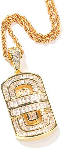 Fantex 14k Iced Out Dog-Tag Schild Anhänger Halskette, voll glänzend Baguette Cut CZ Lab Diamant vergoldet Hip Hop Schmuck für Männer Frauen (Gold)