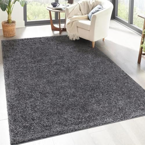 carpet city Shaggy Hochflor Teppich - 120x170 cm - Anthrazit - Langflor Wohnzimmerteppich - Einfarbig Uni Modern - Flauschig-Weiche Teppiche Schlafzimmer Deko