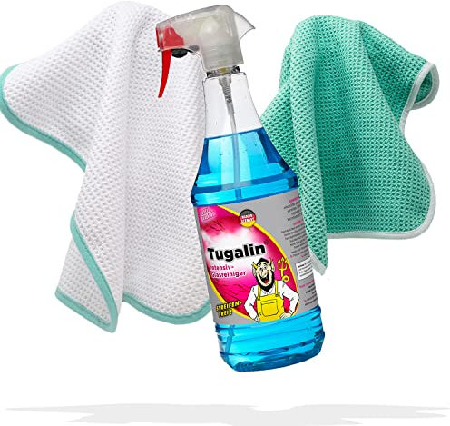 detailmate Auto Glasreinigungs Set - Tugalin Hochleistungs Glasreiniger 1L mit Zwei Mikrofaser Waffeltüchern 450GSM 35x35cm - Scheiben Reinigungsset mit Mikrofasertüchern