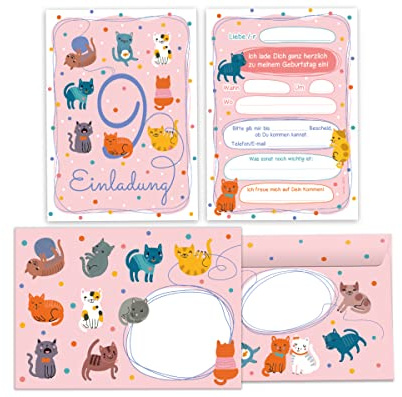Junapack 12 Einladungskarten incl. 12 Umschläge zum 9. Kindergeburtstag neunte Geburtstag Mädchen Jungen Katzen Katze