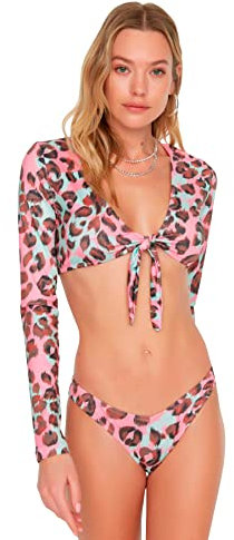 Trendyol Bikini Six con Scollo a V con Fantasia Leopardata Slip, Rosa, 0 Donna