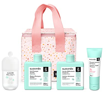 SUAVINEX Bolsa Térmica para Bebé. Nevera de Bebé con Kit de Cosmética. Incluye: Colonia de Bebé Baby Cologne 100 ml Gel Champú Syndet 300 ml Loción hidratante 300 ml Pomada pañal, Coral