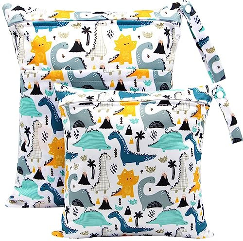 FenFang Wetbag Kindergarten, 2 Stück Nasstaschen Windeltasche Stoffwindeln Nassbeutel Organiser Beutel Wickeltasche Taschen Wasserdicht Wiederverwendbar (Blauer Dino)