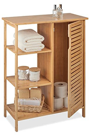 Relaxdays Bamboo Bathroom Cabinet, 3 Open Shelves & Cupboard Compartment, HxWxD: 87.5 x 67 x 33 cm, Standing Shelf, Wood, 87.5x67x33 cm | H x D: 87.5 x 67 x 33 cm, standing bathroom shelf with door