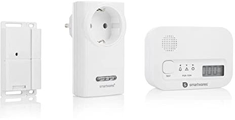 Smartwares Funk-Abluftsteuerung mit Fenster-Magnetkontakt und Funksteckdose für Dunstabzugshaube, Sh5-SET-KHC & FGA-13041 Kohlenmonoxid-Melder, 10 Jahre Sensor, mit Display und Testknopf