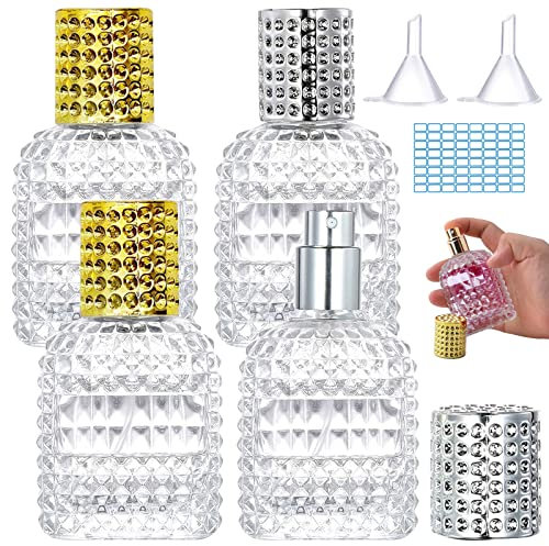 GZLFH 4 Stück Parfümzerstäuber, Parfümzerstäuber Nachfüllbar 30ML mit 2 Trichter 64 Etikett, Parfüm Zerstäuber Nachfüllbar Für Reisen, Kosmetik (Gold Silber)
