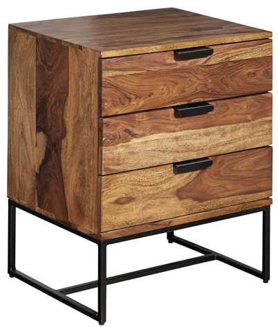 Wohnling Nachttisch 50x40x65 cm Sheesham Massivholz mit 2 Schubladen | Nachtkommode für Boxspringbett, Nachtschrank Industrial mit Metallgestell, handgefertigtes Unikat, Nachtkonsole Braun
