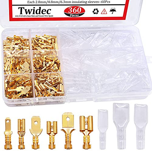 Taiss 360Pcs 2.8/4.8/6.3mm Quick Splice Male and Female Wire Spade Connector Crimp Terminal Block Assortment Kit Golden with Insulating Sleeve for Electrical Wiring Car Audio Speaker N-002