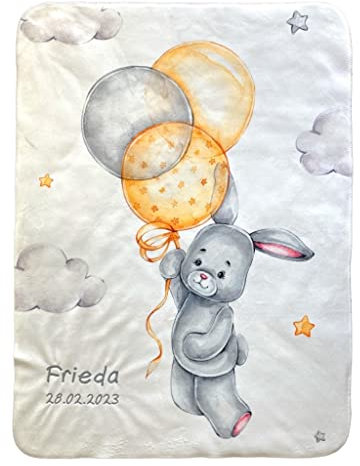 Wolimbo Duo Babydecke mit Namen - Motiv Hase mit Ballons - Lammfell Optik - 75x100cm