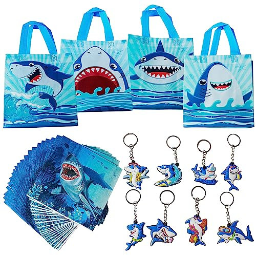 36PCS Hai Geburtstag Mitgebsel — 8 Hai Party Taschen, 20 Hai-Gewebe, 8 Hai-Schlüsselanhänger, für Geburtstagsdeko Hai, Meer Party, Kindergeburtstagsparty