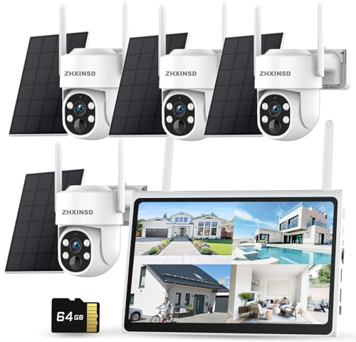 ZHXINSD Système de caméra de sécurité solaire sans fil 2,5 K, kit de 4 caméras avec moniteur de 10 pouces pour surveillance à domicile vue à 360°, WiFi 2,4/5 GHz, Forever Power, 64 Go de stockage,