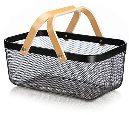 Reuvv Petit panier à provisions rectangulaire en métal avec poignée en bois pour cuisine jardin pique-nique armoire