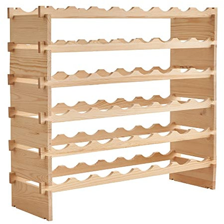 HUOLE Casier à Bouteilles pour 48 Bouteilles, Range Bouteille Vin avec 6 Étagères, Porte Bouteille en Pin Massif, Grand Espace Superposable, pour Bars, sous-sols,90 * 30 * 81cm-48grilles