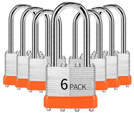 HZSY Padlocks Keyed Alike, Pack of 6, Laminated Steel Keyed Lock (1-9/16, 40mm), Padlocks with Same Key, Long Shackle, for Toolbox, Locker & StorageUnit or More