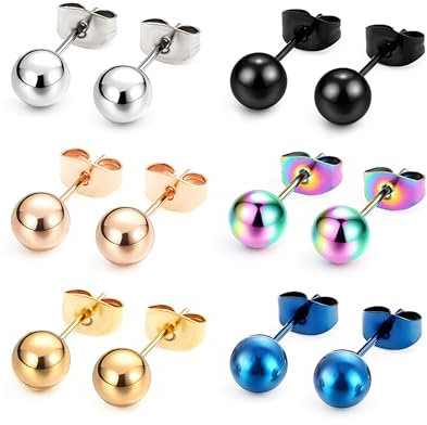 Hinvan 6 Pairs Stainless Steel Silver Ball Earrings for Women Ladies Men Earrings Studs Set, Gold Stud Earrings for Women Men Black, Ball Stud Earrings 6MM