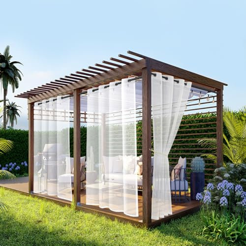 BTTO Waterproof Outdoor Sheer Curtains for Patio,4 Panels Transparent Grommet Curtains Voile Curtains for Porch, Pergola, Cabana