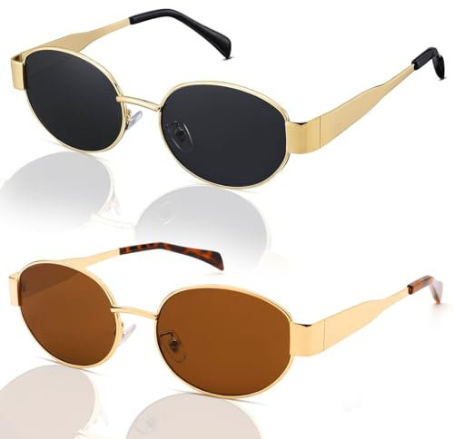 Johiux 2 Stück Vintage Oval Sonnenbrille Damen,Sunglasses für Woman,Sonnenbrille für Damen und Herren,Party Sonnenbrille,Aesthetic Accessoires Sunglasses Woman UV400 (2, Schwarz+Braun)