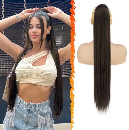 BARSDAR Braun Pferdeschwanz Verlängerung, 76CM Lang Glattes Kordelzug Pferdeschwanz Haarverlängerungen Synthetik Clip Zopf Pferdeschwanz Haarteil Glattes Pferdeschwanz für Damen (Dunkel Braun)