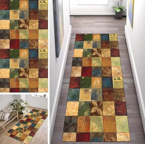 ZUZEKU Abstrakte Läufer Flur Küche Waschbar rutschfest 70X130cm Vintage Bunt Lang Küchenteppich Flurteppich Teppich Fur Korridor Wohnzimmer Schlafzimmer Meterware Anpassbar