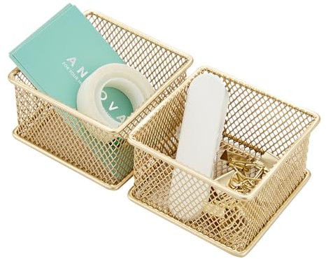 Annova Netz-Schubladenschrank und Regal, Organizer, Aufbewahrungskorb, für Schule, Büro, Zubehör, 2 Stück (Gold, 7.5x7.5x5cm)