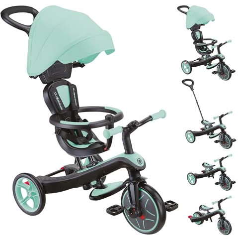 GLOBBER Explorer Trike 4in1 Pro in Mint – Dreirad, Laufrad und Kinderwagen in 10/8,5 Zoll – TPR-Sitz – höhenverstellbares Kinderfahrzeug