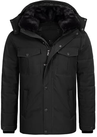 Tuopuda Giubbotto Jacket Uomo Invernale Softshell Piumino con Sciarpe Giubbini Zip Giubbotti Invernali Caldo Antivento Cappotti Collo Alto, Nero, L