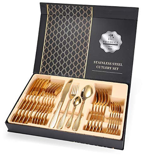 CVNIMV Besteckset, 24-teiliges Geschirrset aus Edelstahl mit gehämmerten Griffen, Messer, Gabel, Löffel, Geschenkbox, Home-Hotel-Zubehör