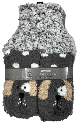 Olivia Rocco Hot Water Bottle & Socks Set Animal Design with Cover 1L Natural Rubber Thermotherapy Long Lasting Warm Winter Gift, Dog