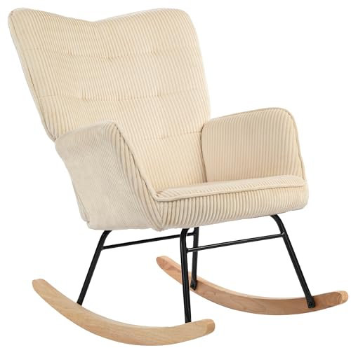HOMCOM Schaukelstuhl, Schaukelsessel mit Kordoptik, Armlehne, Gepolsterter Sessel mit Holzkufen, Relaxsessel für Wohnzimmer, Schlafzimmer, bis 120kg belastbar, Beige