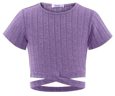 Arshiner Ragazze T-Shirt Vita Esposta Bambini Estate Scollo Rotondo Unicolore Top Moda Casual Shirt Stile Corto Elegante Maglietta per Girls 11-12 Anni Viola