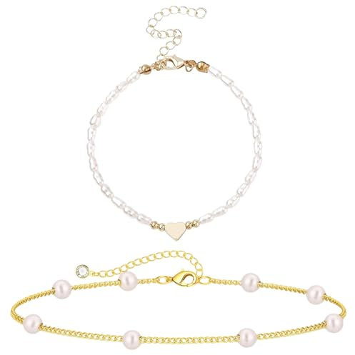 agogue 2 Stück Perlenarmband Damen, Armband Damen Armbänder Damen Armband Gold Damen, Damen Perlen Bracelet Herz Armbänder Gold,Eleganter Alltagsschmuck Als Kreatives Geschenk für Frauen