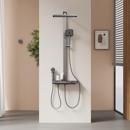 EMKE Thermostatische Duschsäule, Handdusche, Kinderdusche, 360 mm große Regendusche, 4 Wasserausgänge, einfache Installation, mattes Anthrazit, 1050 x 600 x 409 mm