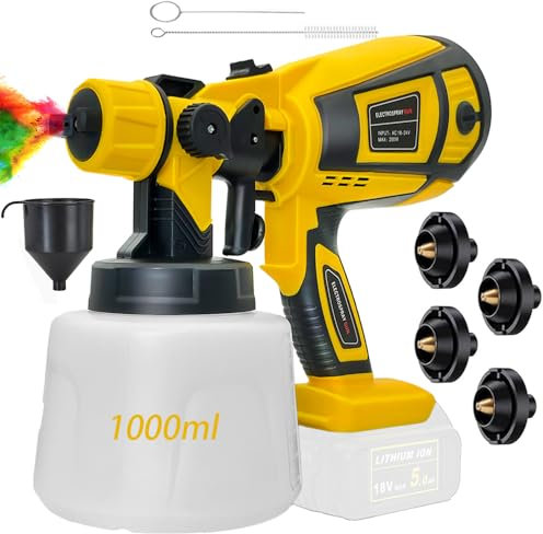 Cordless Paint Sprayer Compatible with De-walt Battery, Electric Spray Gun with 4 Nozzles for Outdoor & Indoor Jobs, for Decorating, Fence Sprayer, Walls, Ceilings, Floors, 1000ml Tank, (no battery)