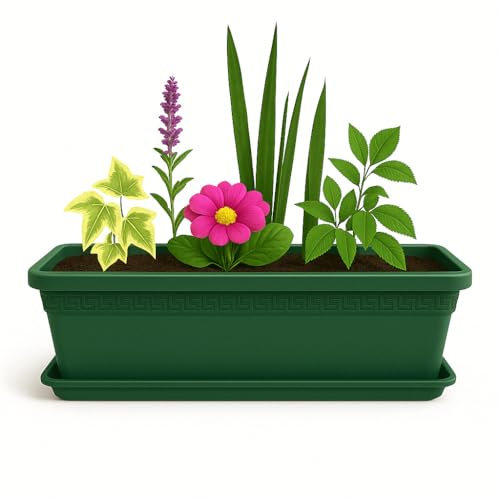 TECHZOCO Jardinera de plástico con Plato, Macetero Jardín, Incluye Plato, Fabricado en Polipropileno, Apto balcón, Patio, Interior/Exterior, 60 cm Largo x 16.5 cm Alto x 18 cm Fondo, Verde