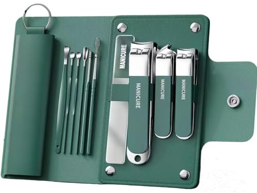 Bibykivn Kit manucure pédicure 10 pièces en acier inoxydable – Set professionnel pour ongles, cuticules et soins des pieds – Avec étui de voyage pour femme et homme (Vert sapin)