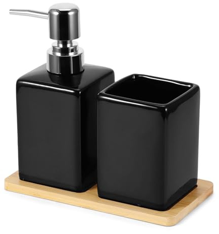 Bathroom Accessories Set, 3Pcs Soap Dispenser Toothbrush Holder & Bamboo Tray, Contemporary Ceramic Bathroom Set Reusable for Bathroom, Washbasin, Sink, Bathtub(Black)