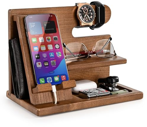 TESLYAR Station d'accueil de téléphone en bois pour homme - Organiseur de bureau ou de chevet - Cadeaux d'anniversaire pour hommes, papas - Idée d'anniversaire de la femme - Porte-clés, support