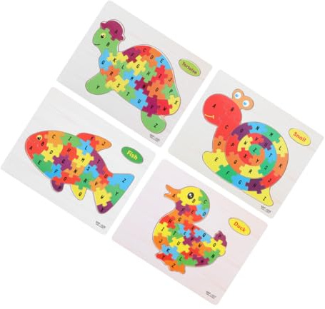 Wooden Alphabet Puzzle Boards 4 Pack 26 Letters for Kids | Animal Pattern Set, Assorted Shapes, Preschool Learning Toy, Supports Imagination and Memory Development