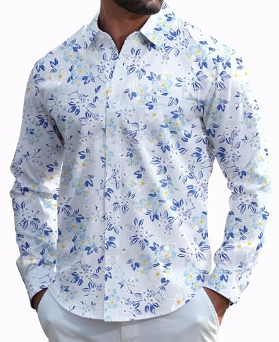 ELETOP Men's Shirts Long Sleeve Floral Shirts Business Casual Work Button Down Dress Shirts with Pocket