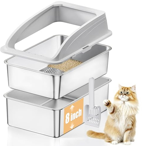 APPKER 23.6x15.7x13.78 Stainless Steel Sifting Litter Tray, XXL Sifting Cat Litter Box for Pine Pellets with 8 Deep Pan, High Sides Metal Litter Box for Big Cats, Easy-to-Clean