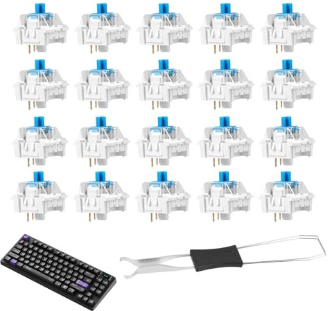 20 PCS Mechanical Keyboard Switches - Blue Switches with Transparent Blue Axis Including Puller, 3-Pin Replacement Switch for Mechanical Keyboards, Clicky Keys for DIY & Gaming, LED Compatible