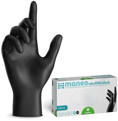 maneo 1000 guanti monouso neri taglia M, guanti in nitrile senza polvere e senza lattice, articoli in gomma monouso resistenti per pulizia, cucina e uso domestico