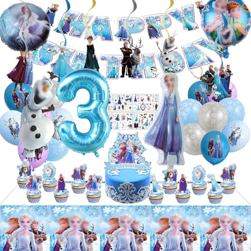 Dekorationen für die Geburtstagsparty von Mädchen, 45 Stück kinder party deko Set, Geburtstagsparty deko 3 jahre, Cake Topper, Tattoo Kinder, Ballon, Tischdecke, Swirl Decoration, Banner Kit
