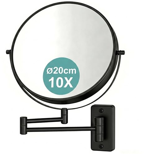 Relaxdays Kosmetikspiegel, Wandmontage, 10-Fach Vergrößerung, schwarz | 360° drehbar, Ø 20 cm, Metall, Schminkspiegel