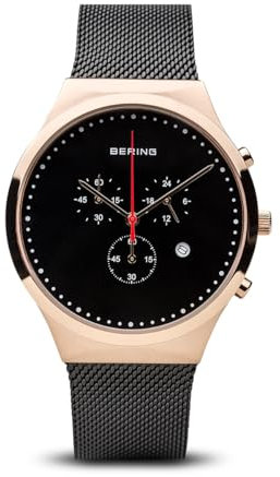 BERING Damen Quarz Uhr | Armbanduhr 36 mm roségoldenes Edelstahlgehäuse und Schwarzes Zifferblatt | Milanaisearmband | Saphierglas | 3 ATM | 14736-166