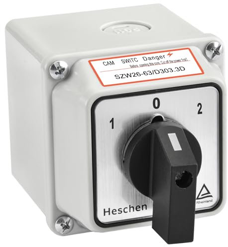 Heschen Interruptor de cambio de selector de leva giratorio universal, SZW26-63/D303.3D, 660V 63A, ON-OFF-ON 3 posiciones, 3 fases 12 terminales, con caja exterior de interruptor maestro