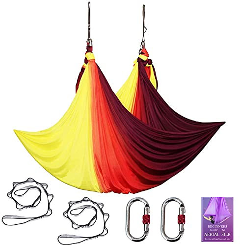 Aerial Yoga Hängematte L: 5M B: 2,8M Aerial Pilates Seiden Yoga Schaukel Set mit 2000 Ibs Last Inklusive Daisy Chain, Pose Guide (Allmählicher Wechsel Rot)