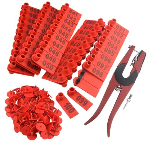WMYCONGCONG 1-100 Number Plastic Livestock Ear Tag Animal Tag und 1 PCS Ear Tag Applicator für Ziegenschafe (rot)