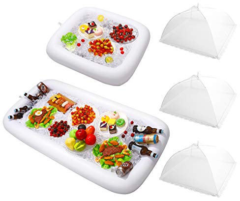 2PCS Inflatable Serving Bars with Drain Plug - Food Drink Salad Buffet Tray with Mesh Food Cover for Indoor and Outdoor Party Pool Picnic Luau
